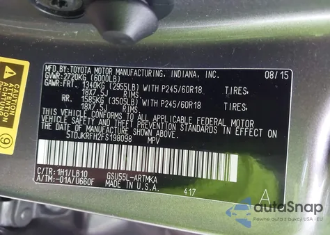 2015 Toyota Highlander Xle V6 from USA, damaged, VIN 5TDJKRFH2FS198098